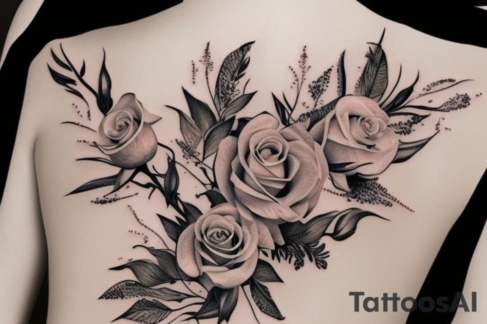 woman with rose and feathers tattoo idea