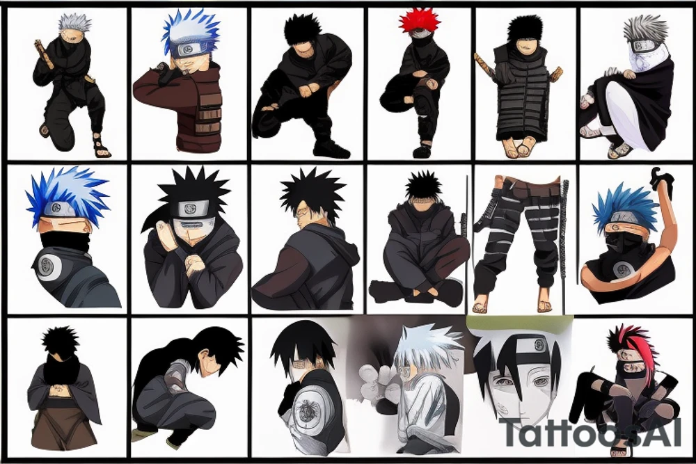 Kakashi i naruto i itachi i saske na całym rękawie oddzielnie tattoo idea