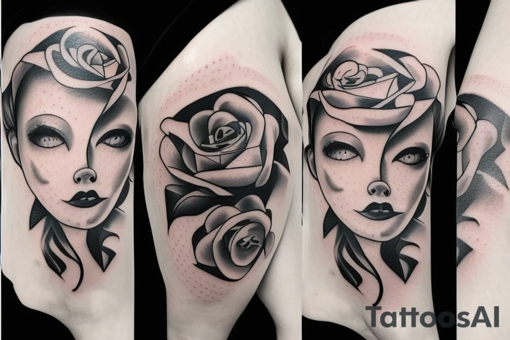 woman's face straight ahead. rose at the bottom tattoo idea