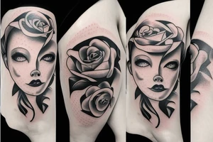 woman's face straight ahead. rose at the bottom tattoo idea