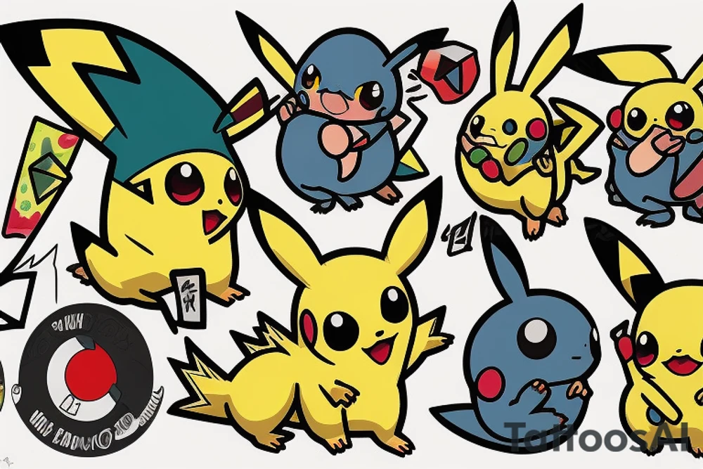 Pokémon, full arm, color, picatchu tattoo idea