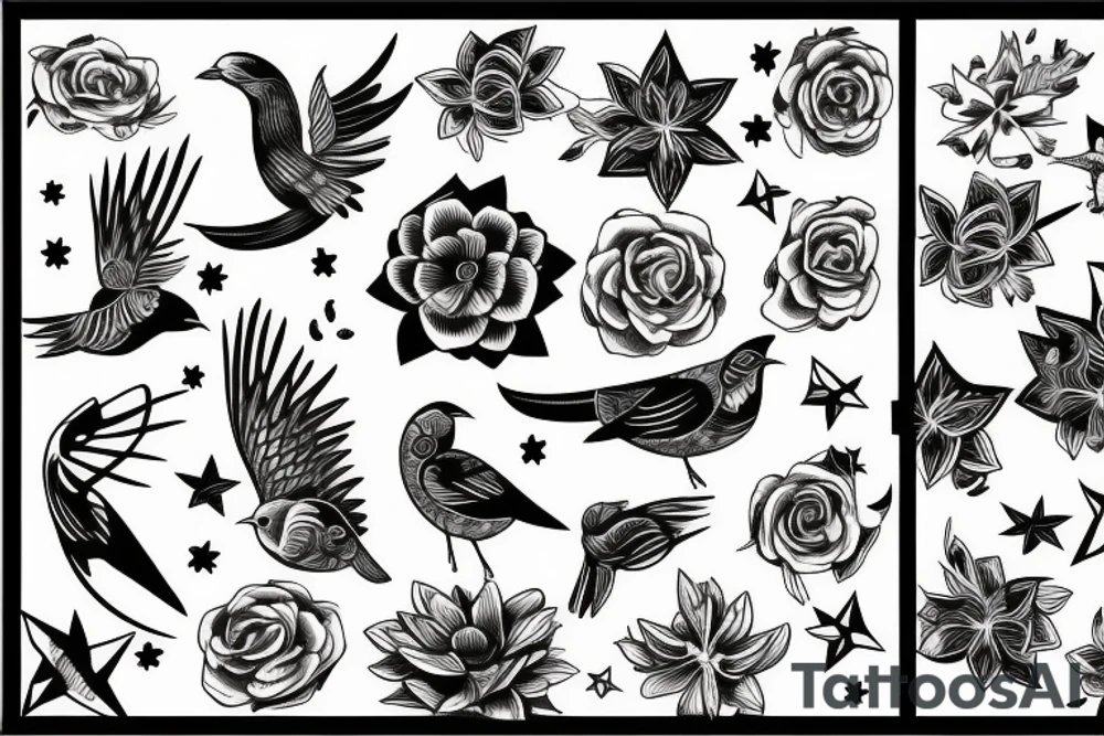 bird, flowers, stars tattoo idea