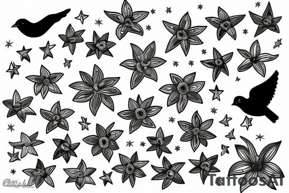 bird, flowers, stars tattoo idea