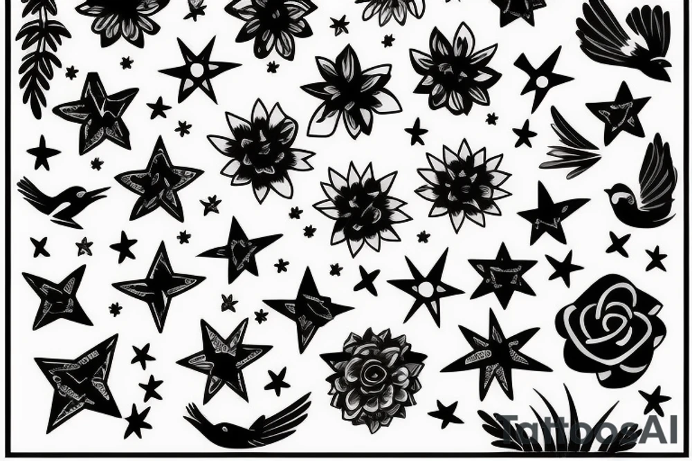 bird, flowers, stars tattoo idea
