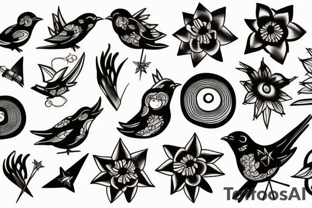 bird, flower, stars tattoo idea