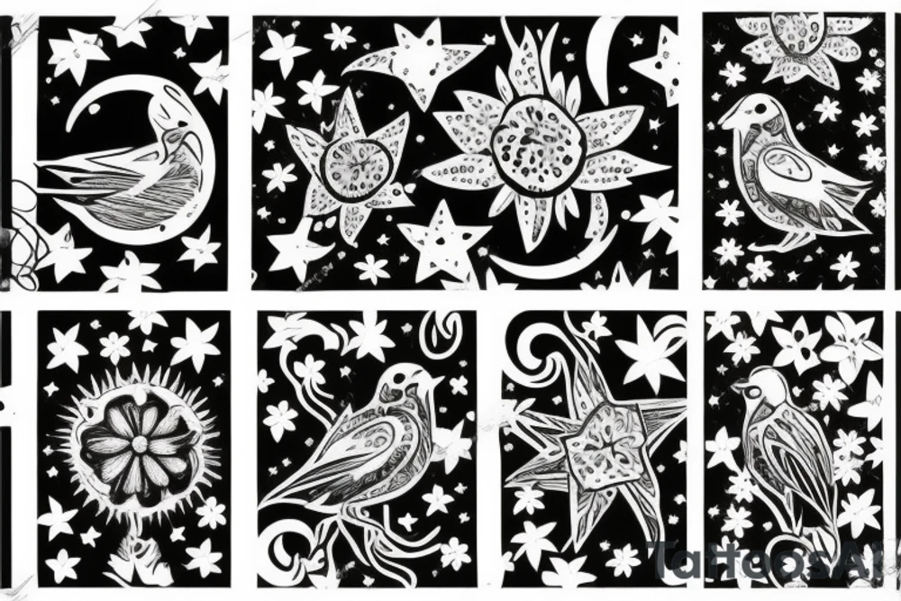bird, flower, stars tattoo idea