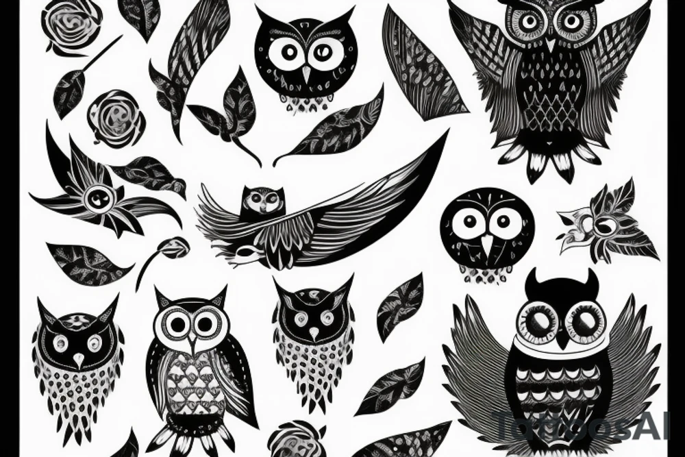 owl with  woman and graphic tattoo idea