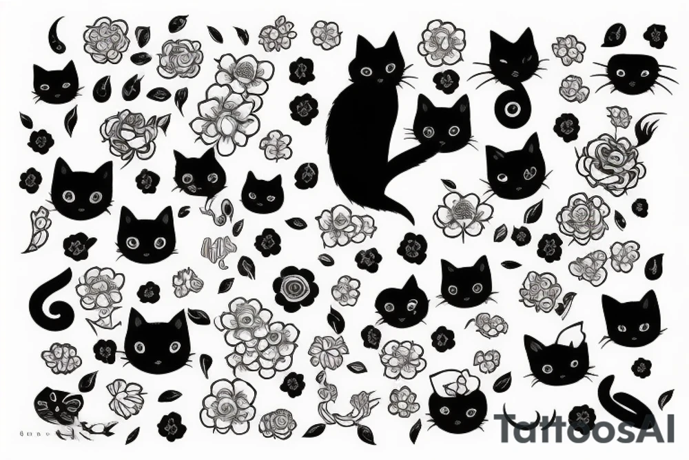 Black cat and flowers tattoo idea