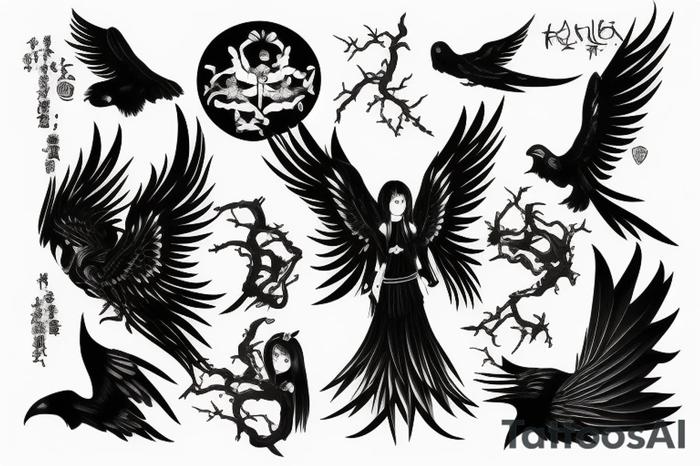 fallen angel with raven on hand tattoo idea