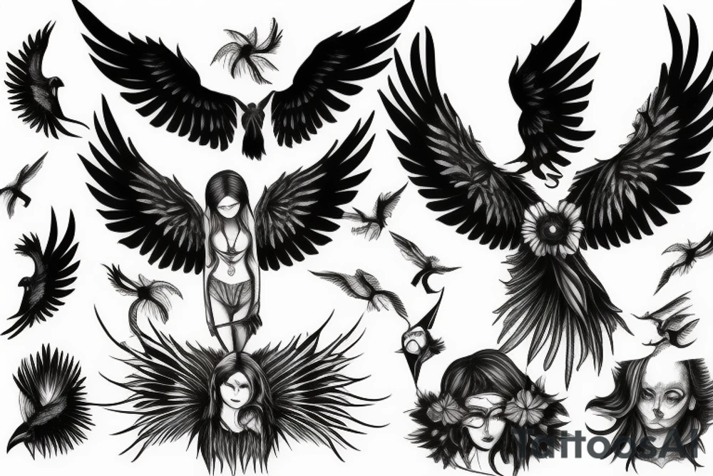 fallen angel with raven on hand tattoo idea