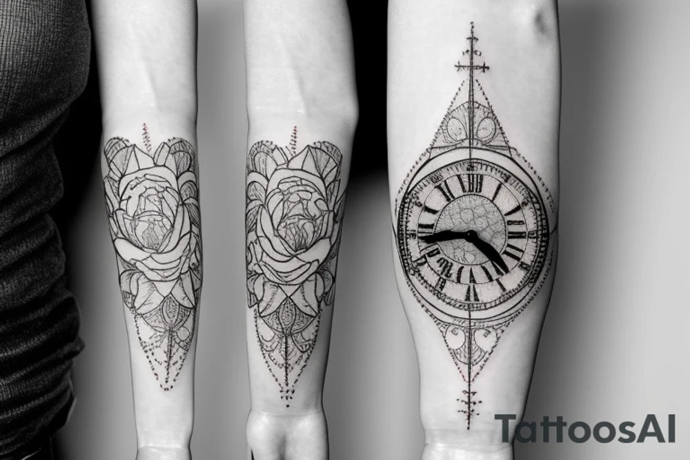 peonies, clock and prayer word tattoo idea