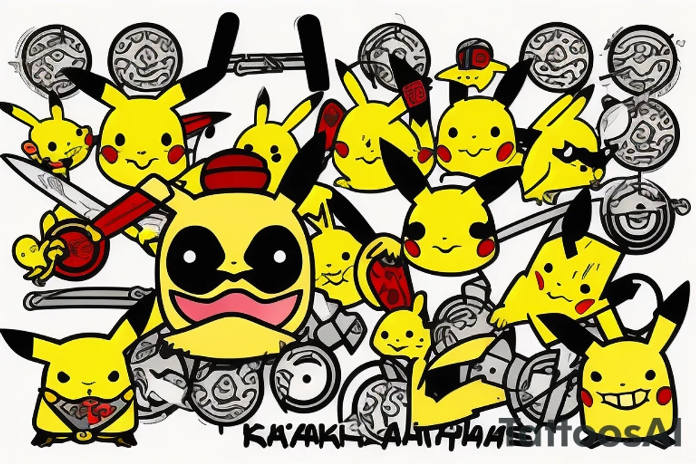 yellow pikachu samurai with katana with evil face tattoo idea