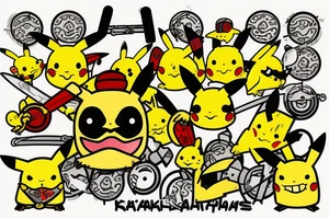 yellow pikachu samurai with katana with evil face tattoo idea