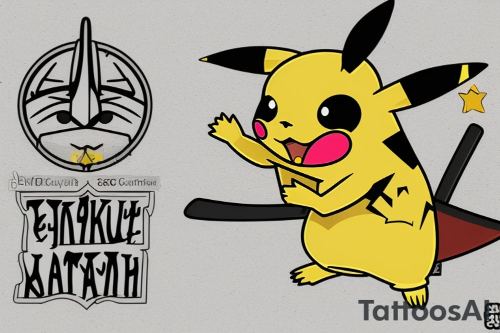 yellow pikachu samurai with katana with evil face tattoo idea