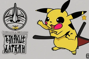 yellow pikachu samurai with katana with evil face tattoo idea