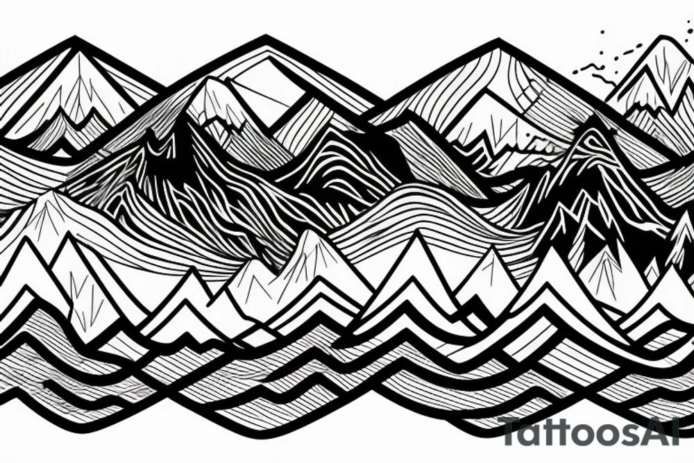 Mountain background with water reflection, fine line, geometric tattoo idea