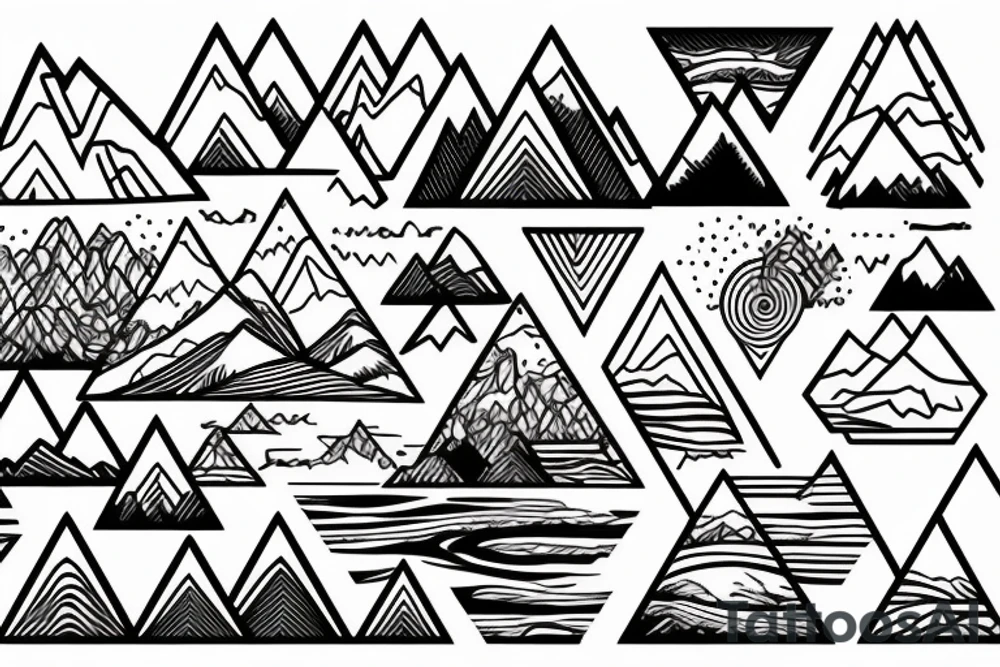 Mountain background with water reflection, fine line, geometric tattoo idea