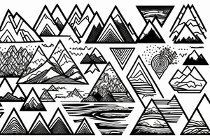 Mountain background with water reflection, fine line, geometric tattoo idea