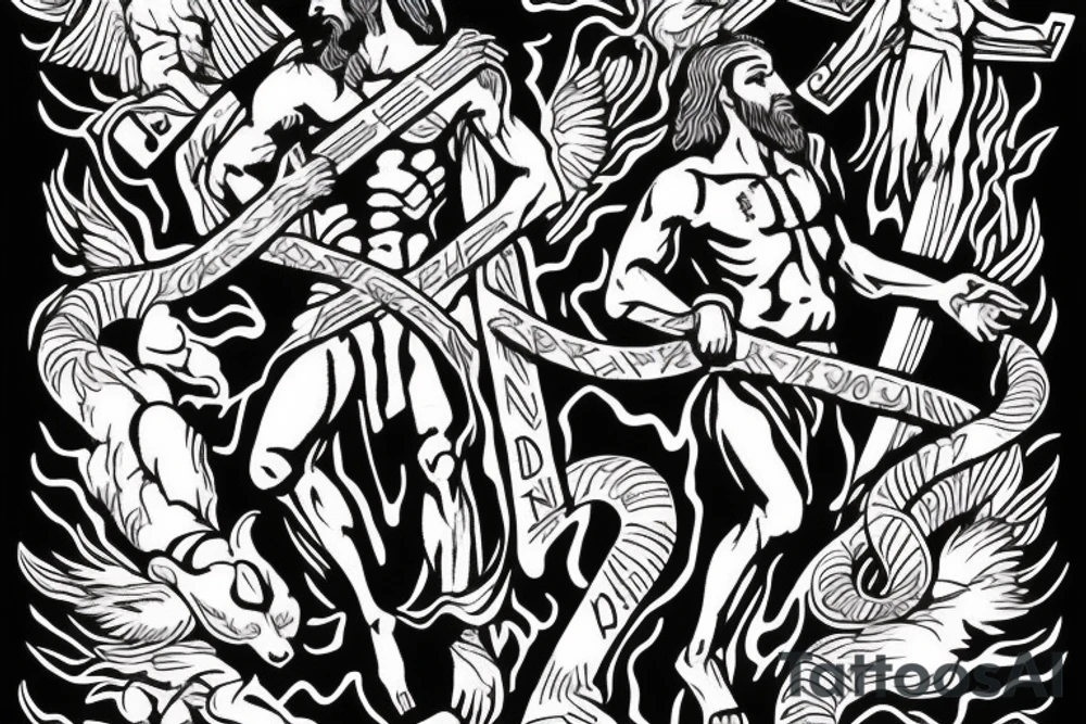 Jesus on the cross, inscription god’s son ,army ,tiger fight with snake tattoo idea