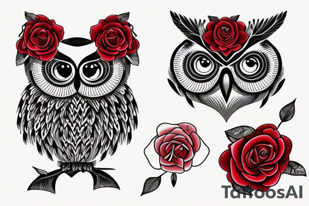 A grapihic-contour owl, gentle eyes, in the middle three roses arranged in the shape of red heart tattoo idea
