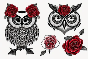 A grapihic-contour owl, gentle eyes, in the middle three roses arranged in the shape of red heart tattoo idea
