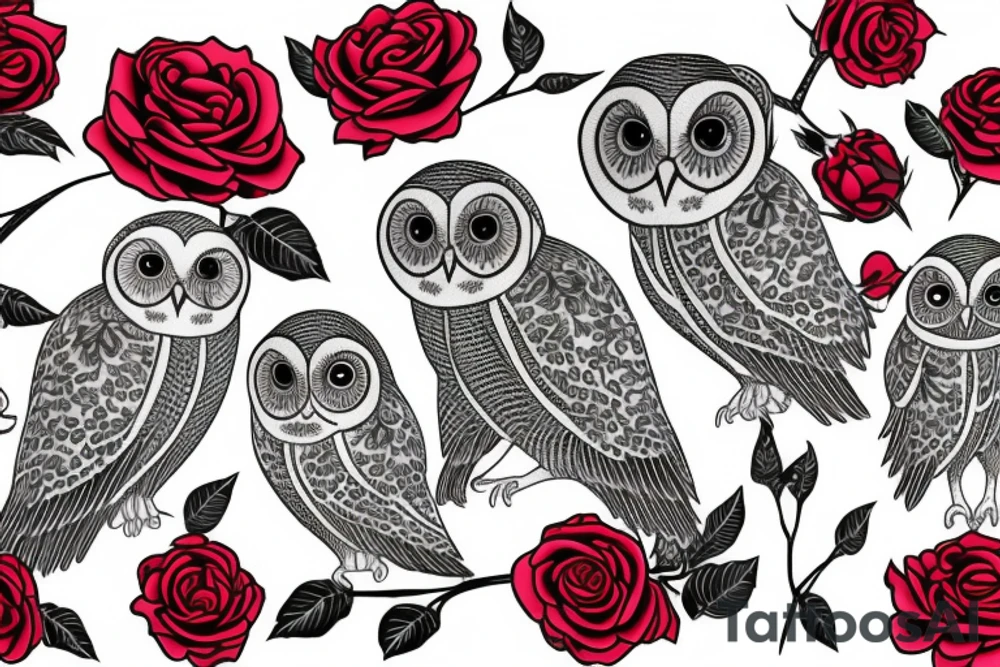 A grapihic-contour owl, gentle eyes, in the middle three roses arranged in the shape of red heart tattoo idea