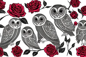 A grapihic-contour owl, gentle eyes, in the middle three roses arranged in the shape of red heart tattoo idea
