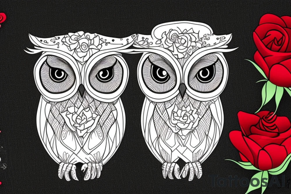 A grapihic-contour owl, gentle eyes, in the middle of owl three roses arranged in the shape of red heart tattoo idea
