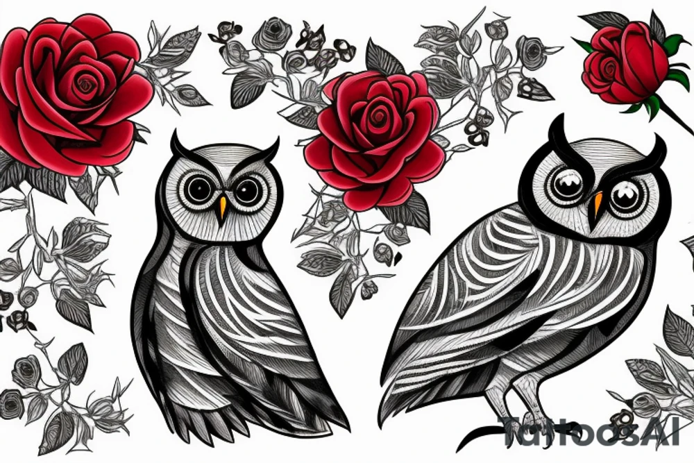 A grapihic-contour owl, gentle eyes, in the middle of owl three roses arranged in the shape of red heart tattoo idea