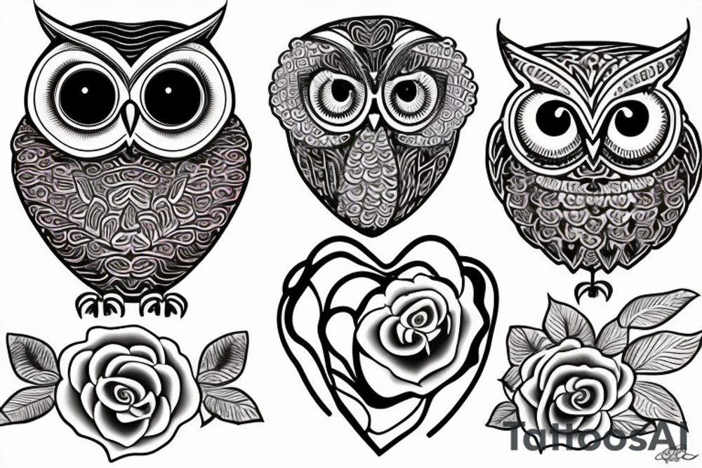 A grapihic-contour owl, nice eyes, in the middle of owl three roses arranged in the shape of red heart tattoo idea