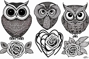A grapihic-contour owl, nice eyes, in the middle of owl three roses arranged in the shape of red heart tattoo idea