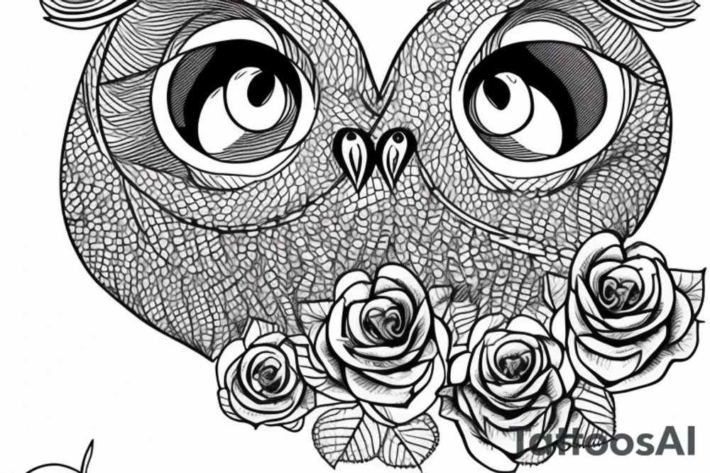 A grapihic-contour owl, nice eyes, in the middle of owl three roses arranged in the shape of red heart tattoo idea