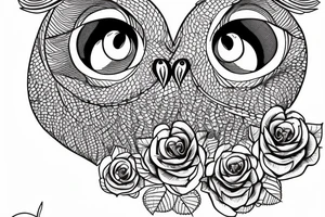 A grapihic-contour owl, nice eyes, in the middle of owl three roses arranged in the shape of red heart tattoo idea