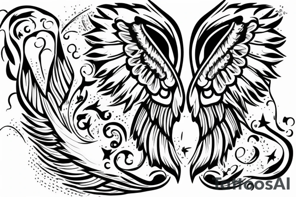 Heart with wings writing Meiva and Steicy on tattoo idea