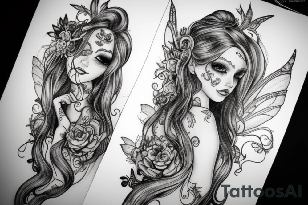 beautiful magical fairy with long hair. All body tattoo idea