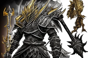 Dark Souls 2 Boss called Nameless King standing in fight pose with his weapon. He is surrounded by gold lightnings tattoo idea