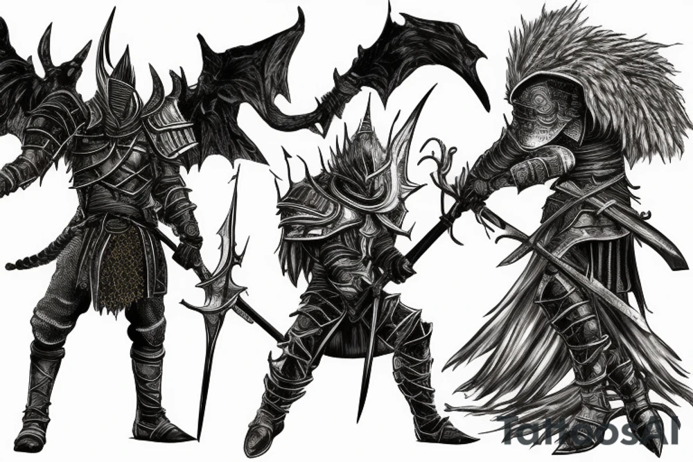 Dark Souls 2 Boss called Nameless King standing in fight pose with his weapon. He is surrounded by gold lightnings tattoo idea