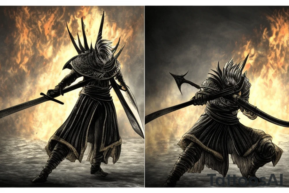 Dark Souls 3 Boss called Nameless King standing in fight pose with his weapon. He is surrounded by gold lightnings tattoo idea