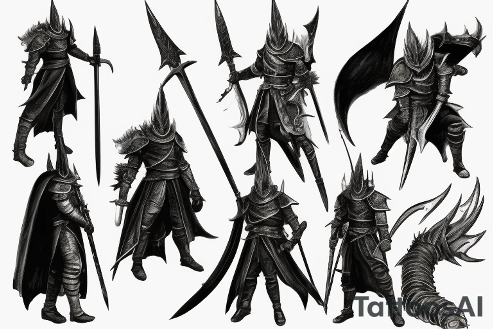 Dark Souls 3 Boss called Nameless King standing in fight pose with his weapon. He is surrounded by gold lightnings tattoo idea