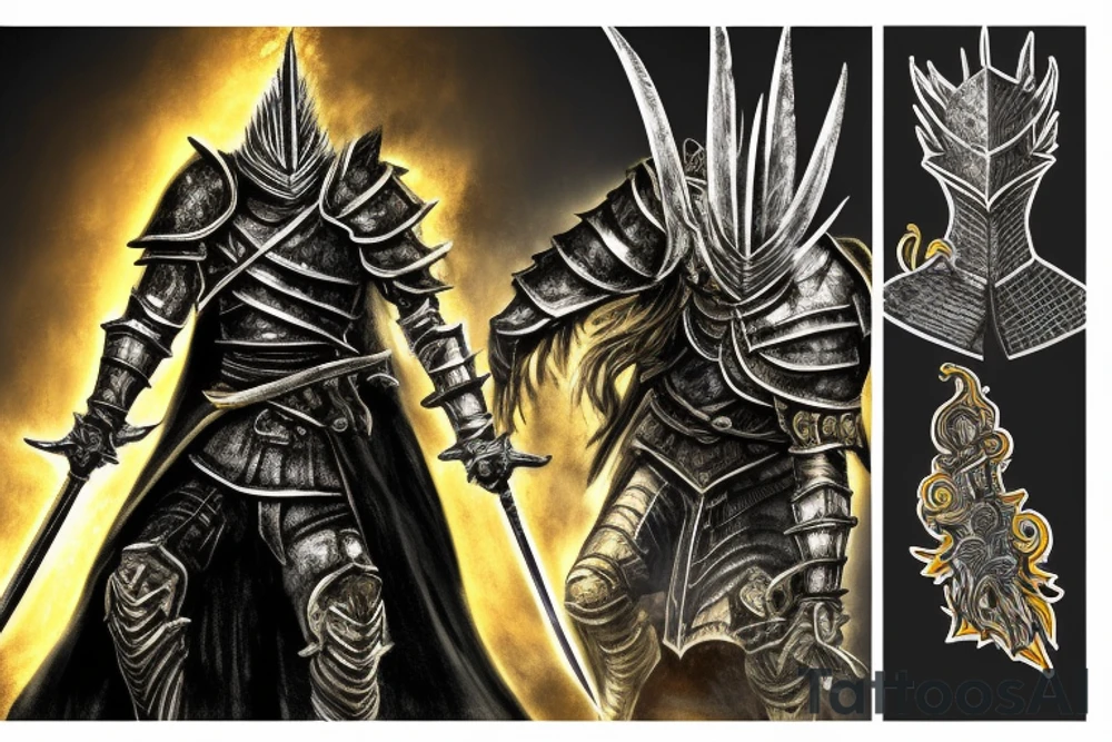 Dark Souls 3 Boss called Nameless King standing in fight pose with his weapon. He is surrounded by gold lightnings tattoo idea