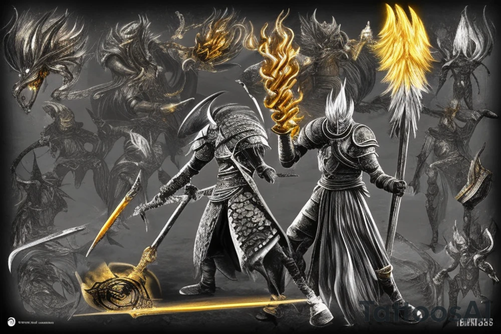 Dark Souls 3 Boss called Nameless King standing in fight pose with his weapon. He is surrounded by gold lightnings tattoo idea