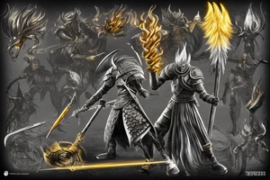 Dark Souls 3 Boss called Nameless King standing in fight pose with his weapon. He is surrounded by gold lightnings tattoo idea