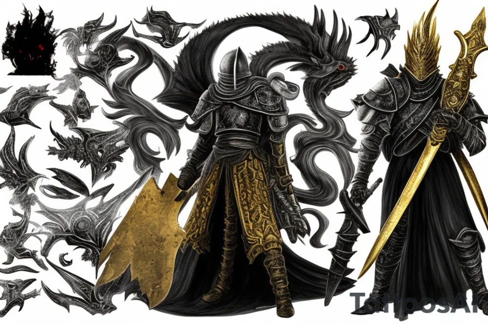 Dark Souls 3 Boss called Nameless King standing in fight pose with his weapon. He is surrounded by gold lightnings tattoo idea