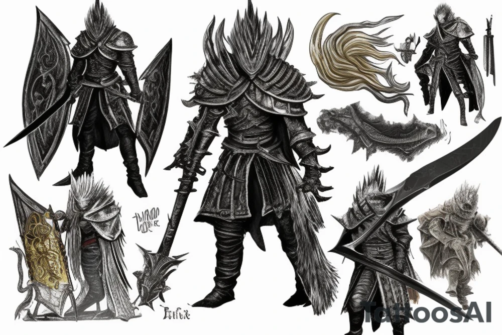 Dark Souls 3 Boss called Nameless King standing in fight pose with his weapon. He is surrounded by gold lightnings tattoo idea