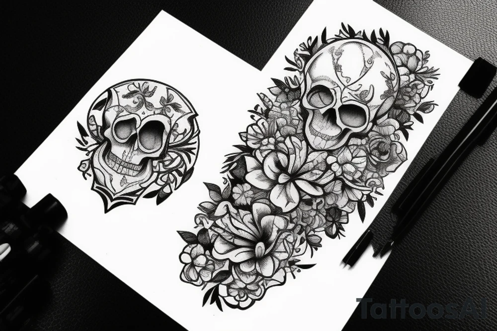 skull with flowers, hourglass tattoo idea