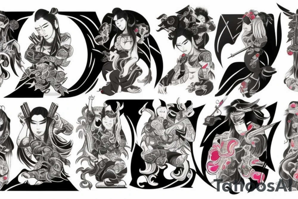 Samuraj, tygrys, smok, kwiaty, woda, cienie. tattoo idea