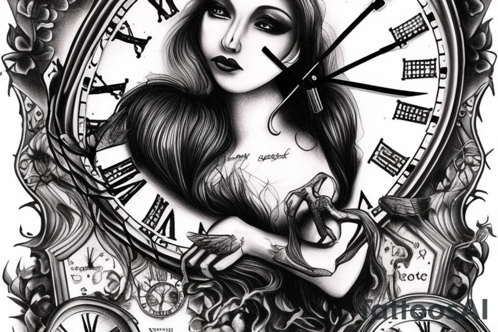 Female angel holding old clock death is coming tattoo idea