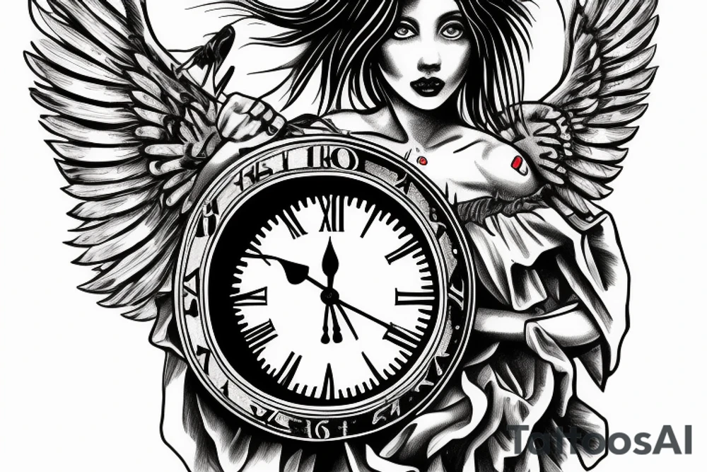 Female angel holding old clock death is coming tattoo idea