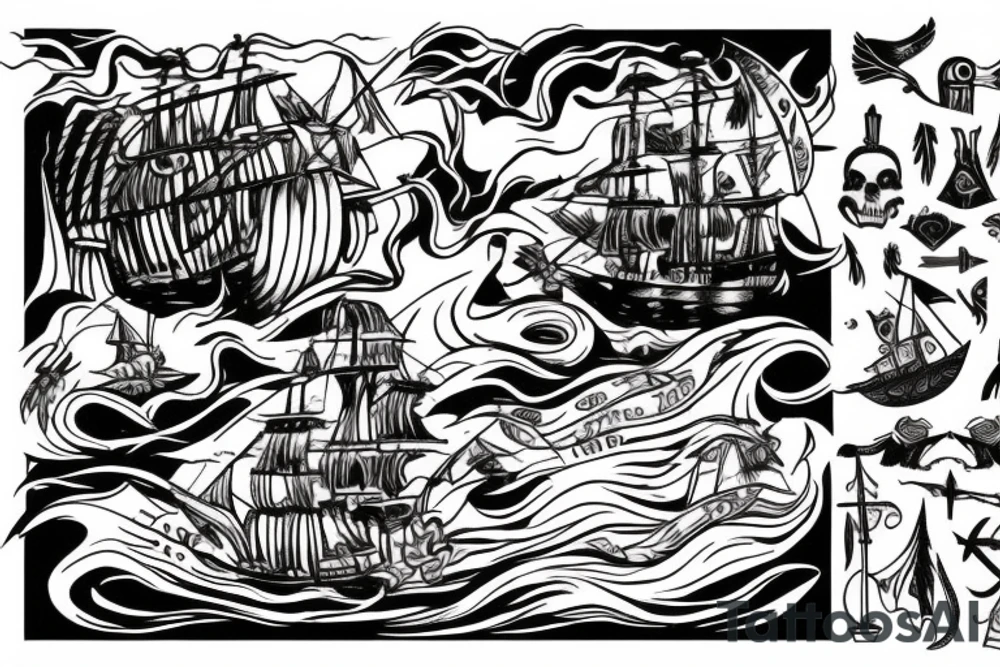 Dark Pirate ship in a storm with sirens singing from Greek mythology the Odyssey tattoo idea