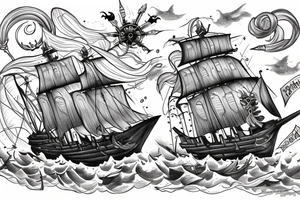 Dark Pirate ship in a storm with sirens singing from Greek mythology the Odyssey tattoo idea